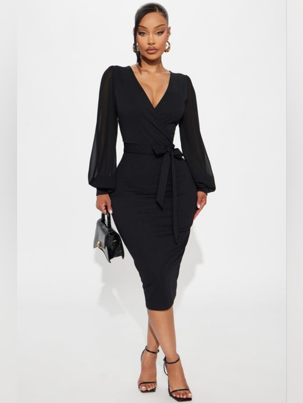 Fashion Nova Tie Waist Midi Dress - Black